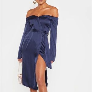 NWT Navy Satin Bardot Lapel Detail Wrap Midi Dress